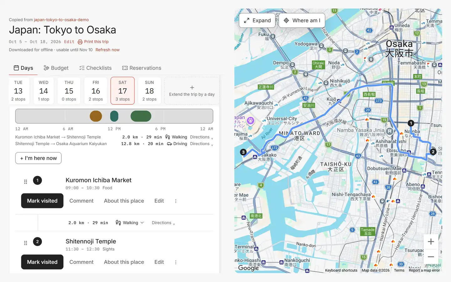 The trip editor on a day in Osaka: the day's timeline, its legs with their distances and travel modes, and its stops in order — on a wide screen with the same three stops, numbered, and the route between them on a map beside them.